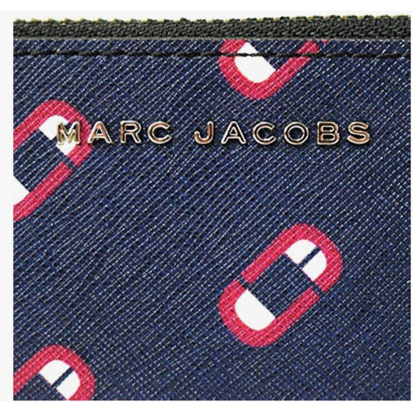 MARC JACOBS Navy Leather Double J Scream Logo Print Silver Key Ring Card Wallet - Picture 4 of 7
